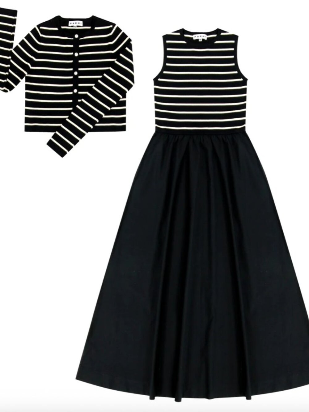 ISO NWT Parni Mixed Media Striped Cotton Dress & Cardigan Set Black Small